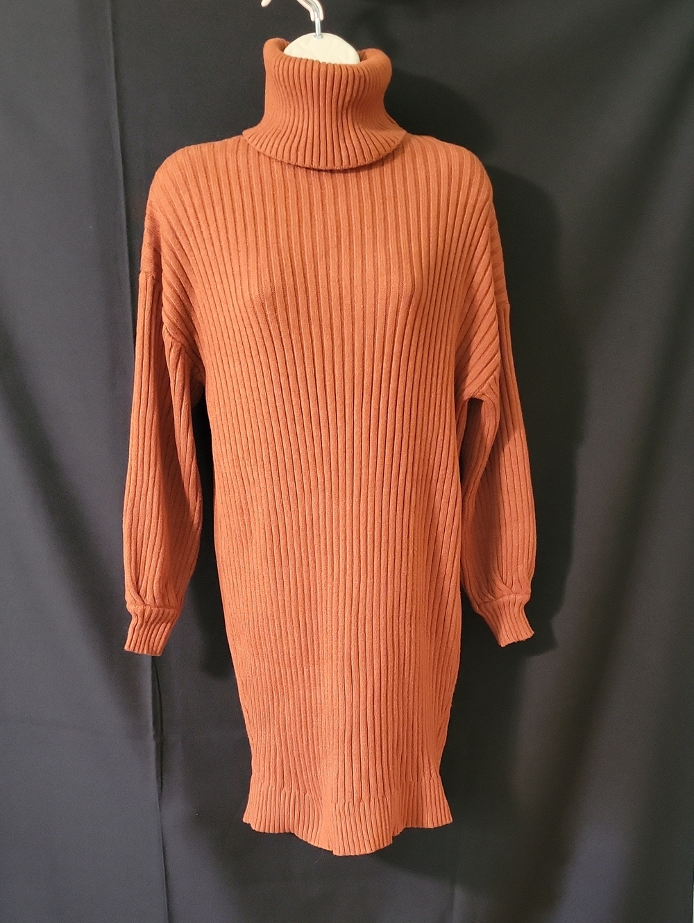 Turtleneck Ribbed Sweater Dress - Rust